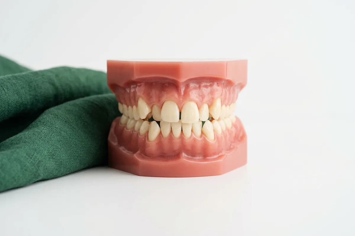 Dental teaching model with crowded, overlapping crooked teeth before orthodontic treatment