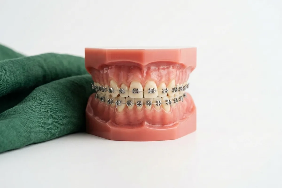Dental teaching model fitted with braces and archwire during orthodontic treatment