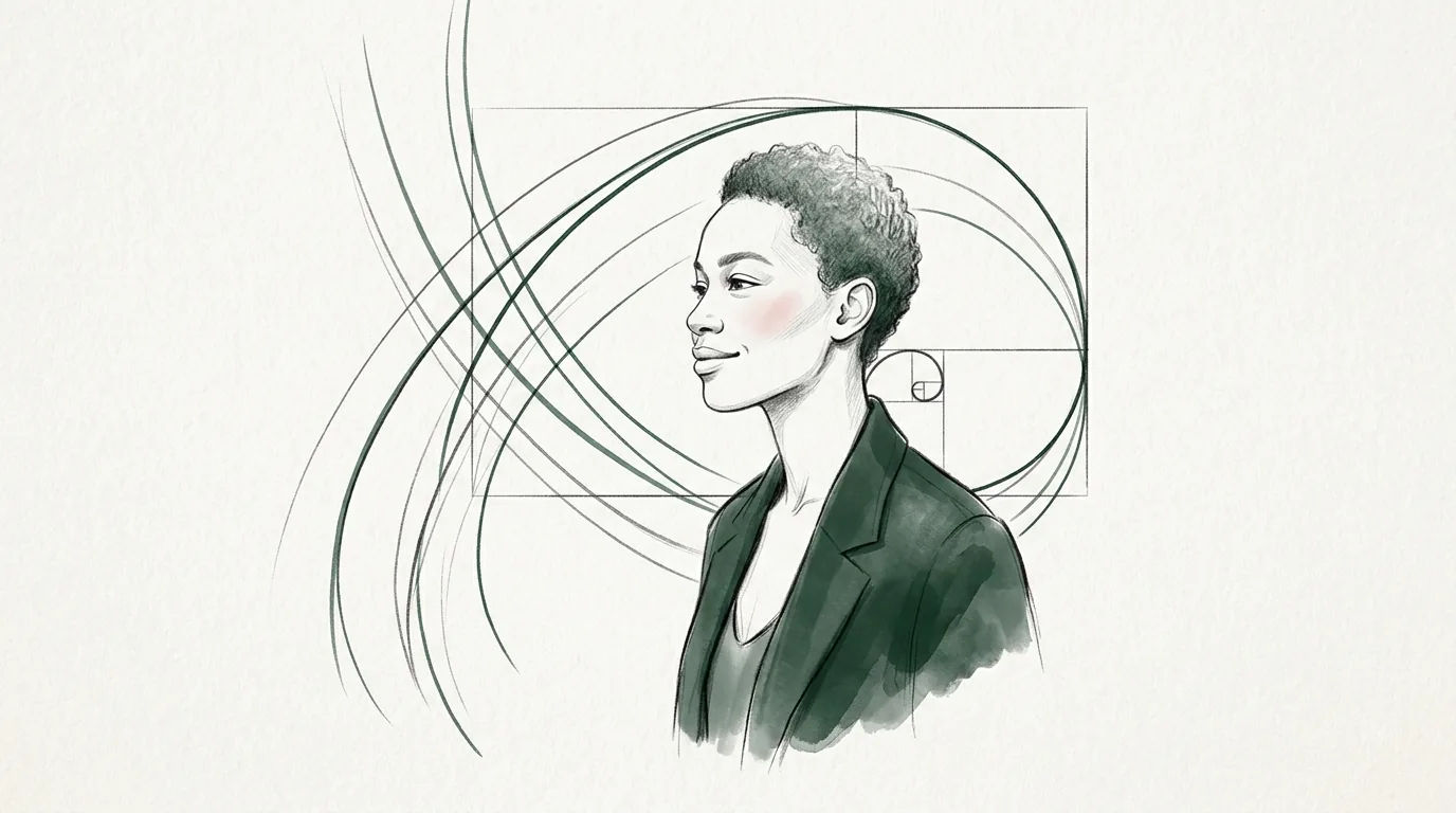 Editorial illustration of a serene profile with a confident smile among abstract arcs